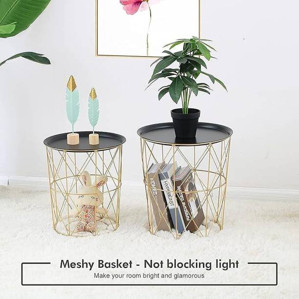 Indian Decor 48188 Black Tray Accent Side Table with Golden Storage Basket,Metal Round Metal Side Table