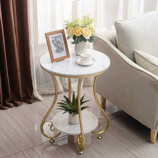 Rahat Handicraft Round Side Table Gold Metal Frame, 2 Tier Coffee Table For Living Room Bedroom Metal Bedside Table
