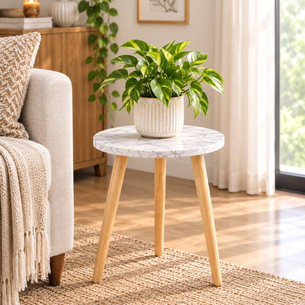 INDCART Small Round End Table MIni Table Side TableFaux Marble Top Solid Wood Side Table Engineered Wood Bedside Table
