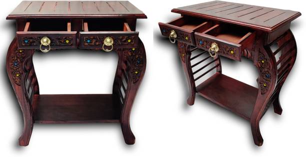 manzees Wooden Antique Bedside Table with 2 Drawer | Side Table | Set of 2 Side Table Solid Wood Bedside Table