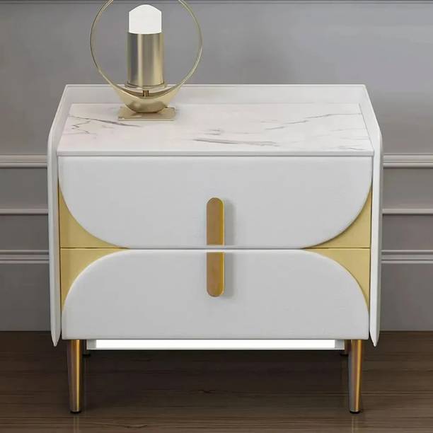 KD KOHINOOR DECOR Luxury White Nightstand Sintered Stone Top Microfiber Leather Upholstery Engineered Wood Bedside Table