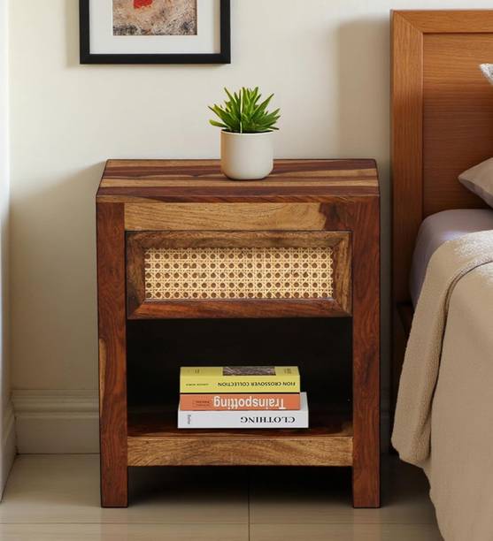 NOBLE ART Noble Art Solid Sheesham Wood Rattan 1 Drawers Bedside Solid Wood Bedside Table