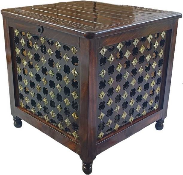 house of common Beautiful Antique Wooden Storage Table with Brass Cutting Design for Living Room Engineered Wood Bedside Table