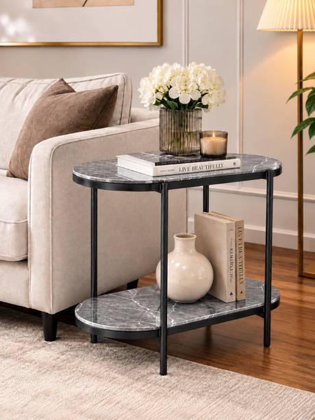 Expressow Enterprises Modern Side Table with Marble Finish 2 Tier End Table Top Metal End Table