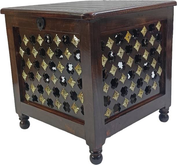 Giftoshopee Beautiful Antique Wooden Storage Table with Brass Cutting Design for Living Room Engineered Wood Bedside Table