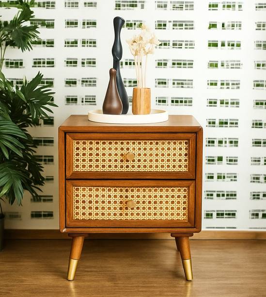 Misan Rattan Cane & Storage Drawer Solid Wood Bedside Table
