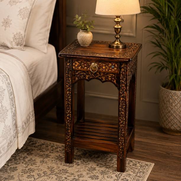 SaraHeritage Wooden Stool-Natural Wood Antique Look Side Table with Drawer for Living Room Engineered Wood Bedside Table