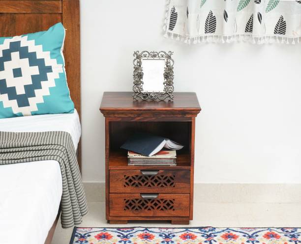 Woodefly Wooden Bedside Table with Drawer & 1 Shelf Storage - Bed Side Table for Bedroom Solid Wood Bedside Table