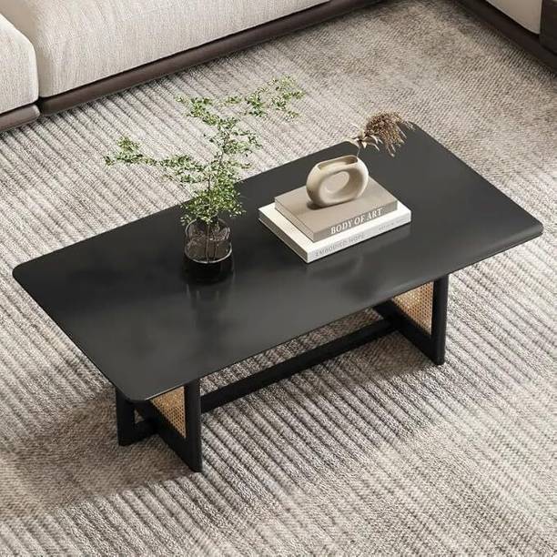 K A F Coffee Table, 100% FAS Solid Wood Living Room Tables w/Handmade Rattan Shelf Solid Wood Console Table