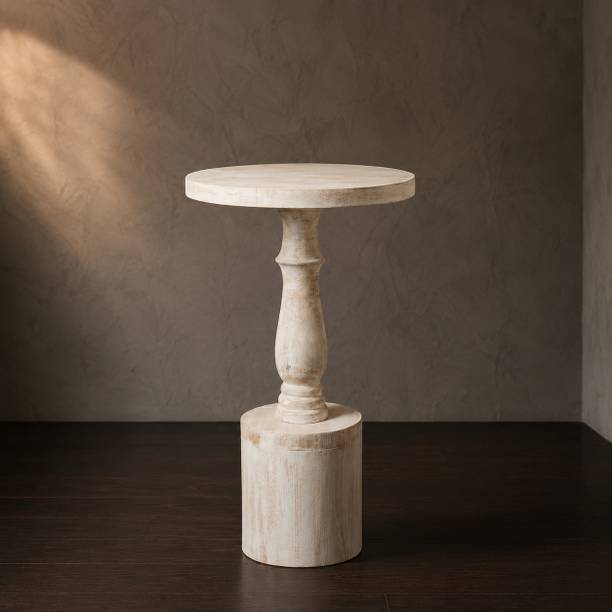 Woodenstores Wooden Pillar table - White Solid Wood Side Table