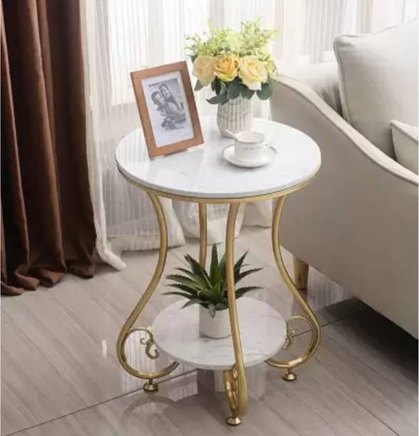 SS CRAFTMAKERS Round Side Table Gold Metal Frame, 2 Tier Coffee Table For Living Room Bedroom Engineered Wood Side Table