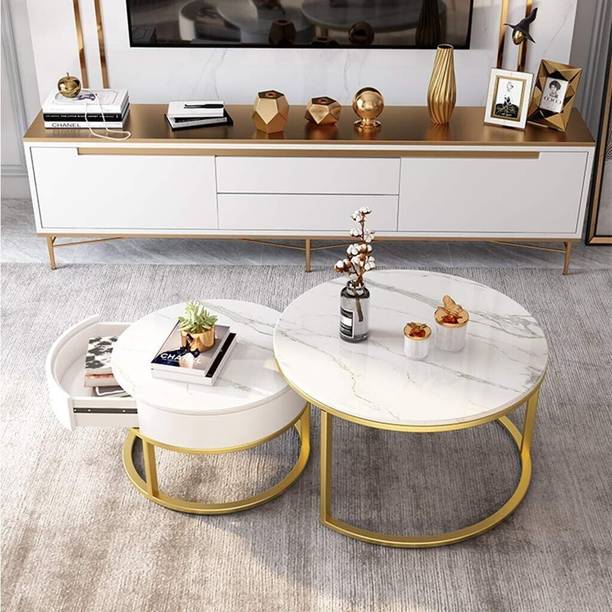 Crownora Crafts Round Table Metal Frame and Top Marble finishing Engineered Wood Side Table Engineered Wood Side Table