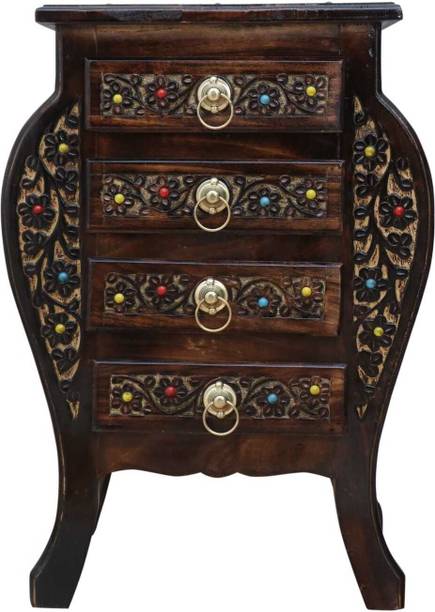 SaraHeritage Wooden Stool-Natural Wood Antique Look Side Table with Four Drawer Solid Wood Bedside Table