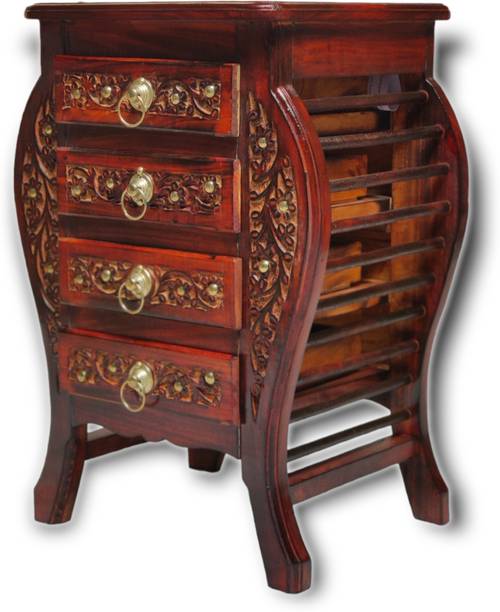 manzees Antique Beautiful Floral Carved Bedside Table with 4 Drawers | Bed Side Table Solid Wood Bedside Table