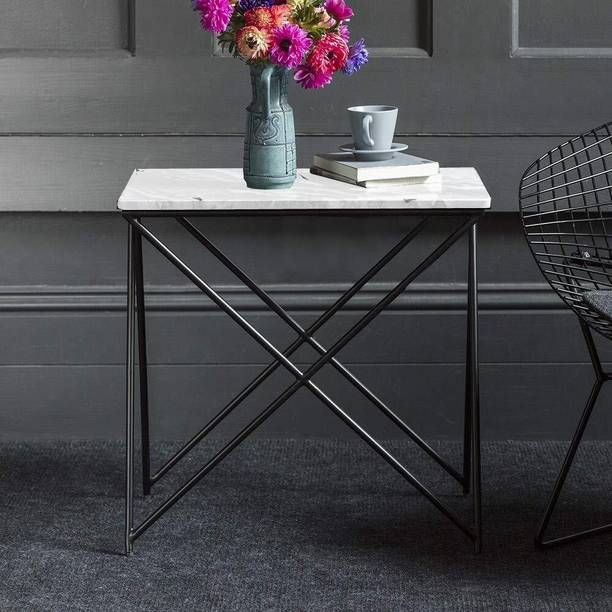 APRODZ Stellar White Marble Table with Black Steel Frame for Home Portable Accent Metal Side Table