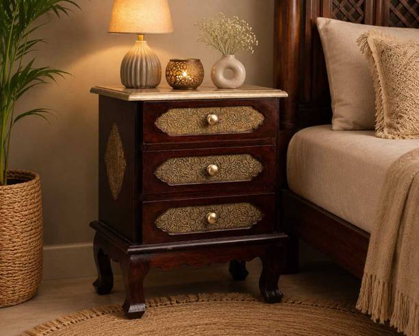 monika art Wood & Brass 3 drawer Bedside Table Solid Wood Bedside Table