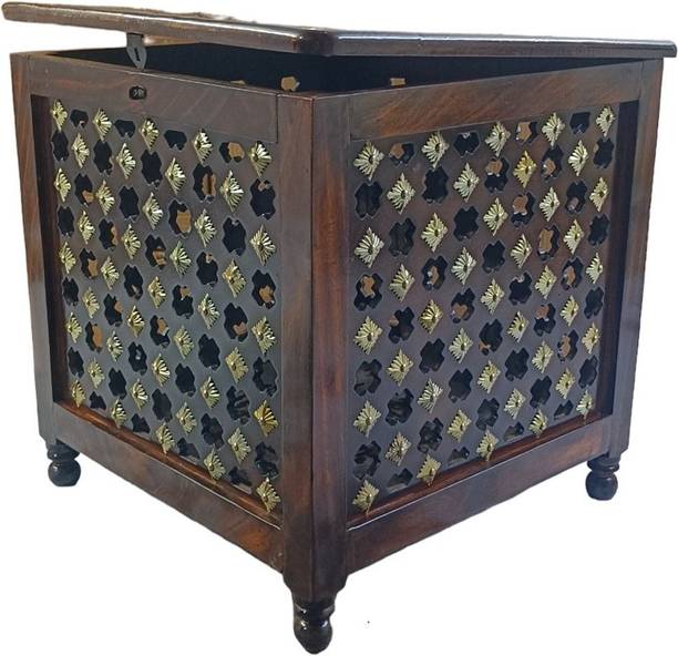 house of common Beautiful Antique Wooden Storage Table with Brass Cutting Design for Living Room Engineered Wood Bedside Table
