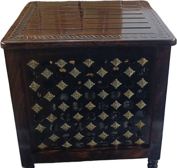 Smarts collection Beautiful Antique Wooden Storage Table with Brass Cutting Design for Living Room Engineered Wood Bedside Table