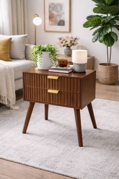 Device Bas with BROWN ART SHOPPEE Line Design Bed Side Nightstand Lamp Table with 2 Drawers for Home Engineered Wood Bedside Table