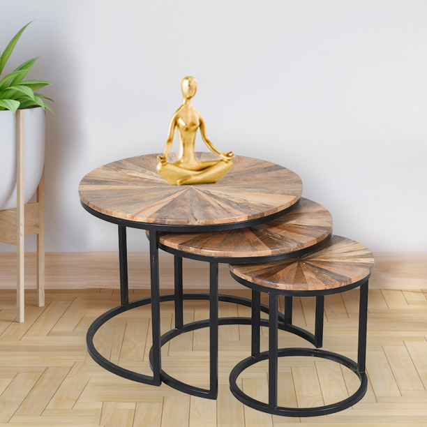 Aadhar Square Black & Natural finish End Table for living room, with wooden top Metal Side Table