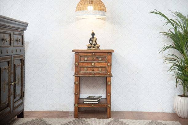 Furnishilp Carved Side Table with Drawer and Storage, Home Decor Stool Solid Wood Side Table