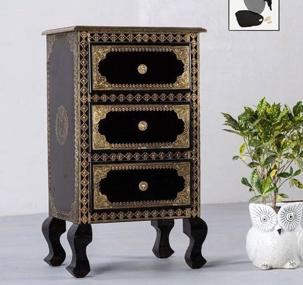 APRODZ Wooden Brass Fitted Antique Side Table (Dark Black) Solid Wood Side Table