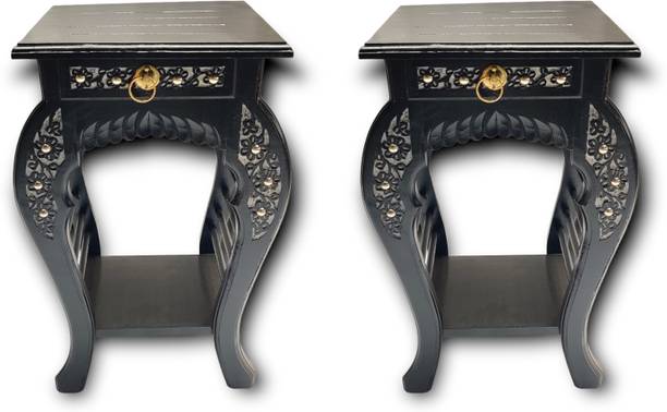 manzees Wooden Handcrafted Beautiful Black Bedside Table | Living Room Side Table Solid Wood Bedside Table