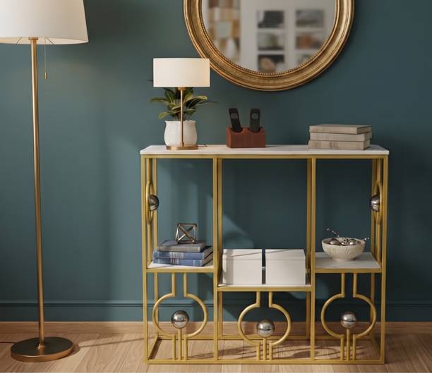 ARTROCK Modern Gold Console Table with Storage Shelves, Wooden Top Entryway Table Engineered Wood Console Table