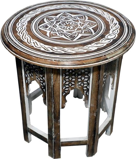 Decorhand Wooden Handcrafted Carved Solid Folding Antique White Coffee Table Solid Wood Side Table