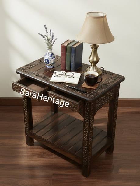 SaraHeritage Wooden Stool-Natural Wood Antique Look Side Table with Drawer for Living Room Solid Wood Bedside Table