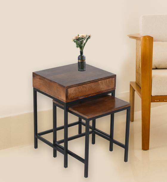 Aadhar Square Black & Honey finish End Table for living room, with wooden top Metal Side Table
