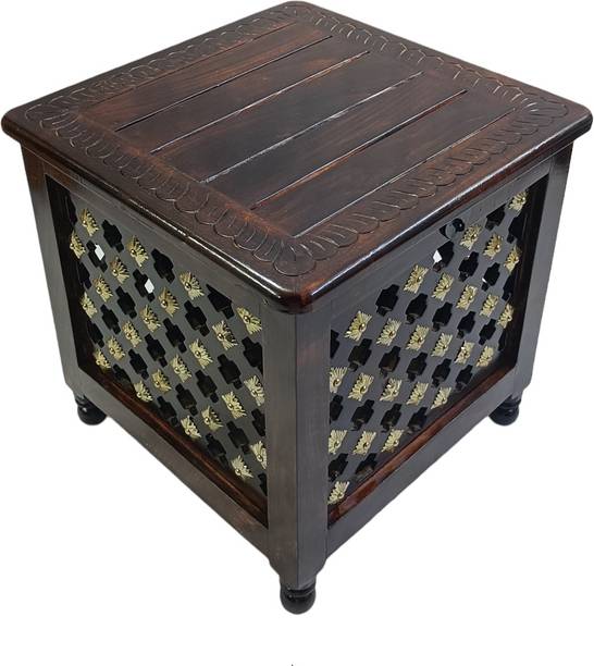 Giftoshopee Beautiful Antique Wooden Storage Table with Brass Cutting Design for Living Room Engineered Wood Bedside Table
