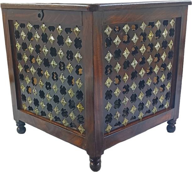 Giftoshopee Beautiful Antique Wooden Storage Table with Brass Cutting Design for Living Room Engineered Wood Bedside Table