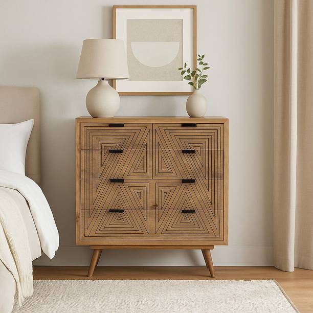 Furniza Natural Wood 4-Drawer Chest with Geometric Print– Modern Bedroom Storage | Solid Wood Bedside Table