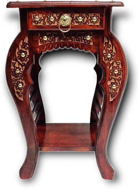 manzees Wooden Beautiful Floral Top Carving Bedside Table with drawer, End Table Solid Wood Bedside Table