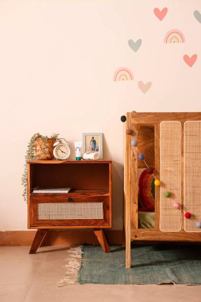 SMAART CRAAFTS Sheesham Bedside Table with Rattan Drawer | Nightstand for Nursery Solid Wood Bedside Table