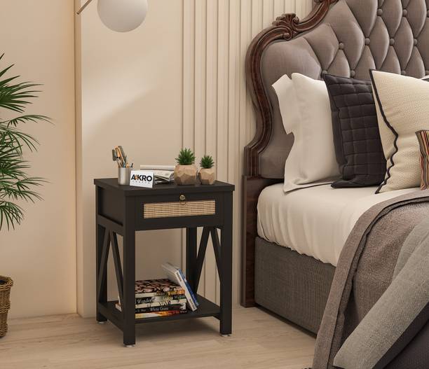 AakroCrafts Rattan Cane Bedside Table | Mango Wood Night Stand with Drawer Solid Wood Bedside Table