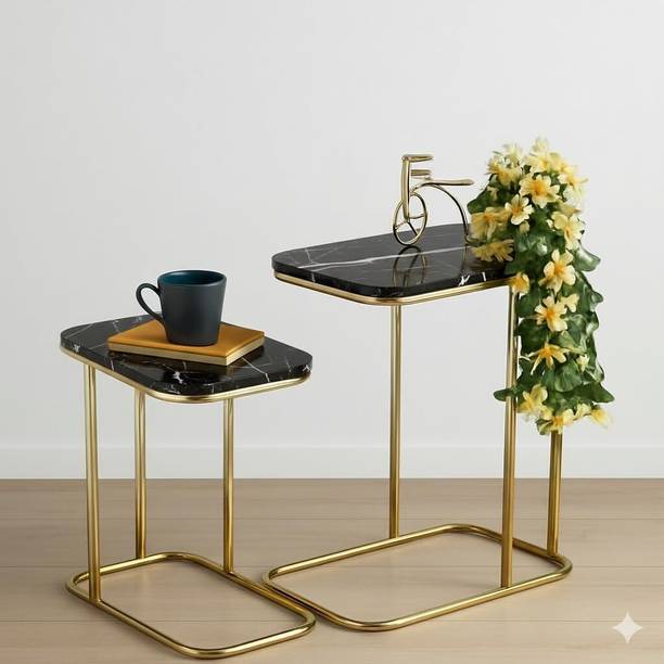 TRADITIONALCRAFT Iron Frame Set of 2 Side Tables, C-Shaped Coffee Tables with Faux Marble Top Metal Side Table