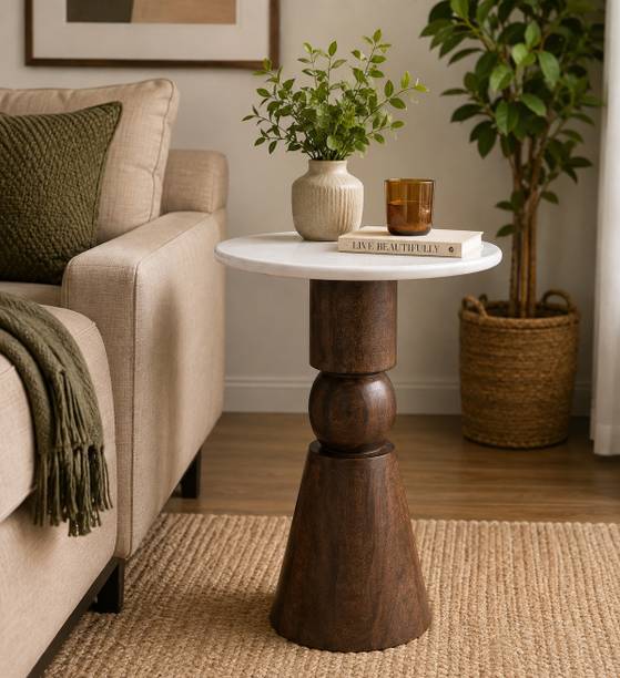 Olivenest Olivenest Hobart Solid Mango Wood Side Table with Marble Top Walnut Finish Solid Wood Side Table