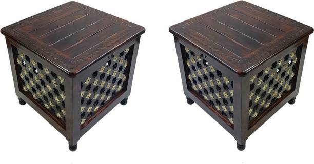 Smarts collection Beautiful Antique Wooden Storage Table with Brass Cutting Design for Living Room Engineered Wood Bedside Table