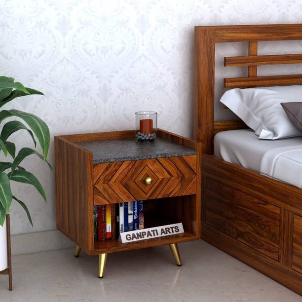 Ganpati Arts Wave Sheesham Bedside Table with Drawer for Bedroom/LivingRoom/Hotel-Granite Top Solid Wood Bedside Table