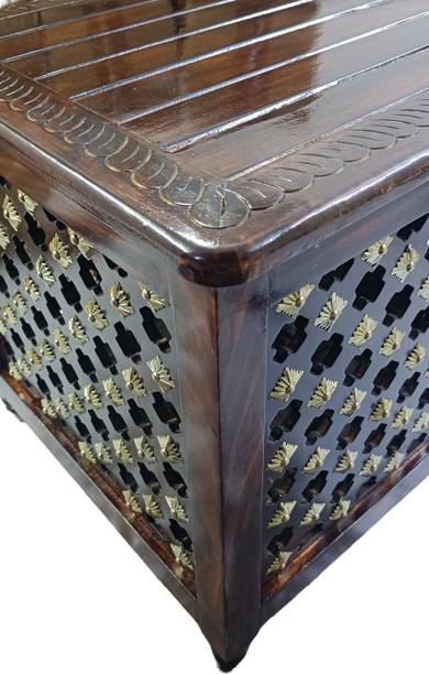Giftoshopee Beautiful Antique Wooden Storage Table with Brass Cutting Design for Living Room Engineered Wood Bedside Table
