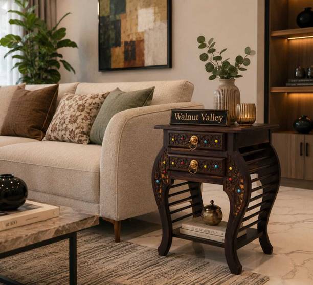 Walnut Valley Wooden Stool-Natural Wood Antique Look Side Table with 2 Drawer for Living Room Solid Wood Bedside Table