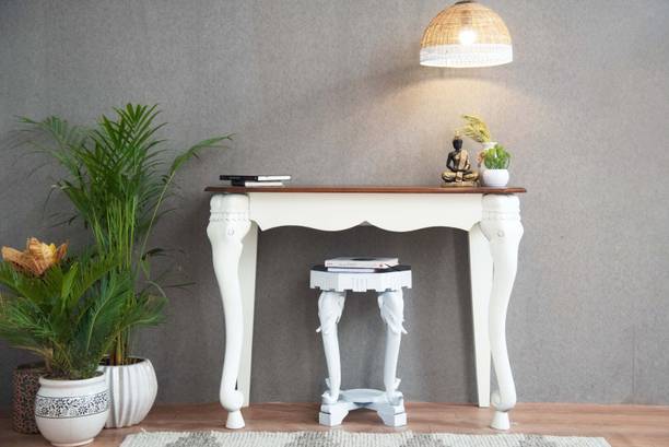 Furnishilp White Solid Wood Console Table Elephant Carving Designing Console Solid Wood Console Table (Finish Color - Honey Oak, Pre-assembled)