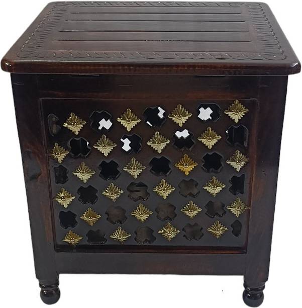 house of common Beautiful Antique Wooden Storage Table with Brass Cutting Design for Living Room Engineered Wood Bedside Table
