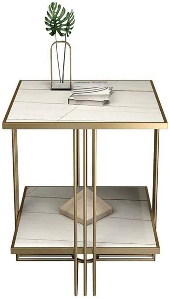 KDINTERIORS White Stone Top Side Table with Storage & Gold Frame Side Table/End Table Steel Bedside Table