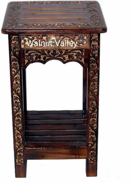 Walnut Valley Wooden Stool-Natural Wood Antique Look Side Table with Drawer Solid Wood Bedside Table
