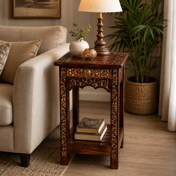 Walnut Valley Wooden Stool-Natural Wood Antique Look Side Table with Drawer Solid Wood Bedside Table