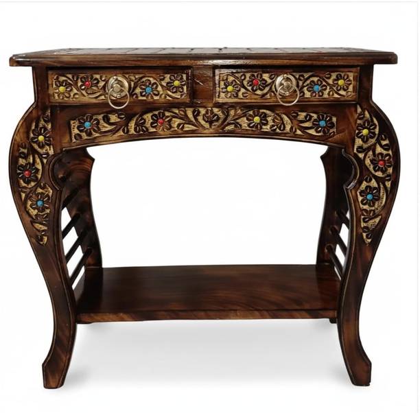 Walnut Valley Wooden Stool-Natural Wood Antique Look Side Table with Two Drawer Solid Wood Bedside Table