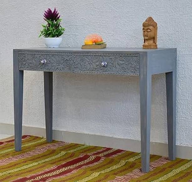 Home wood Solid Wood Two Drawer Evan Carving Console Hall Table Rustic Grey Solid Wood Console Table